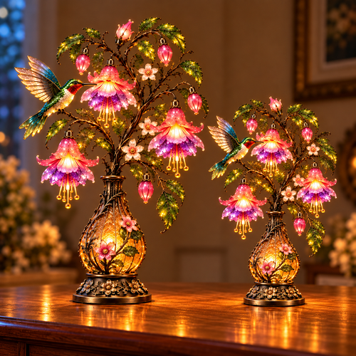 🌸 Hummingbird & Fuchsia Flower Lamp -✨ Lighted Floral Table Decor