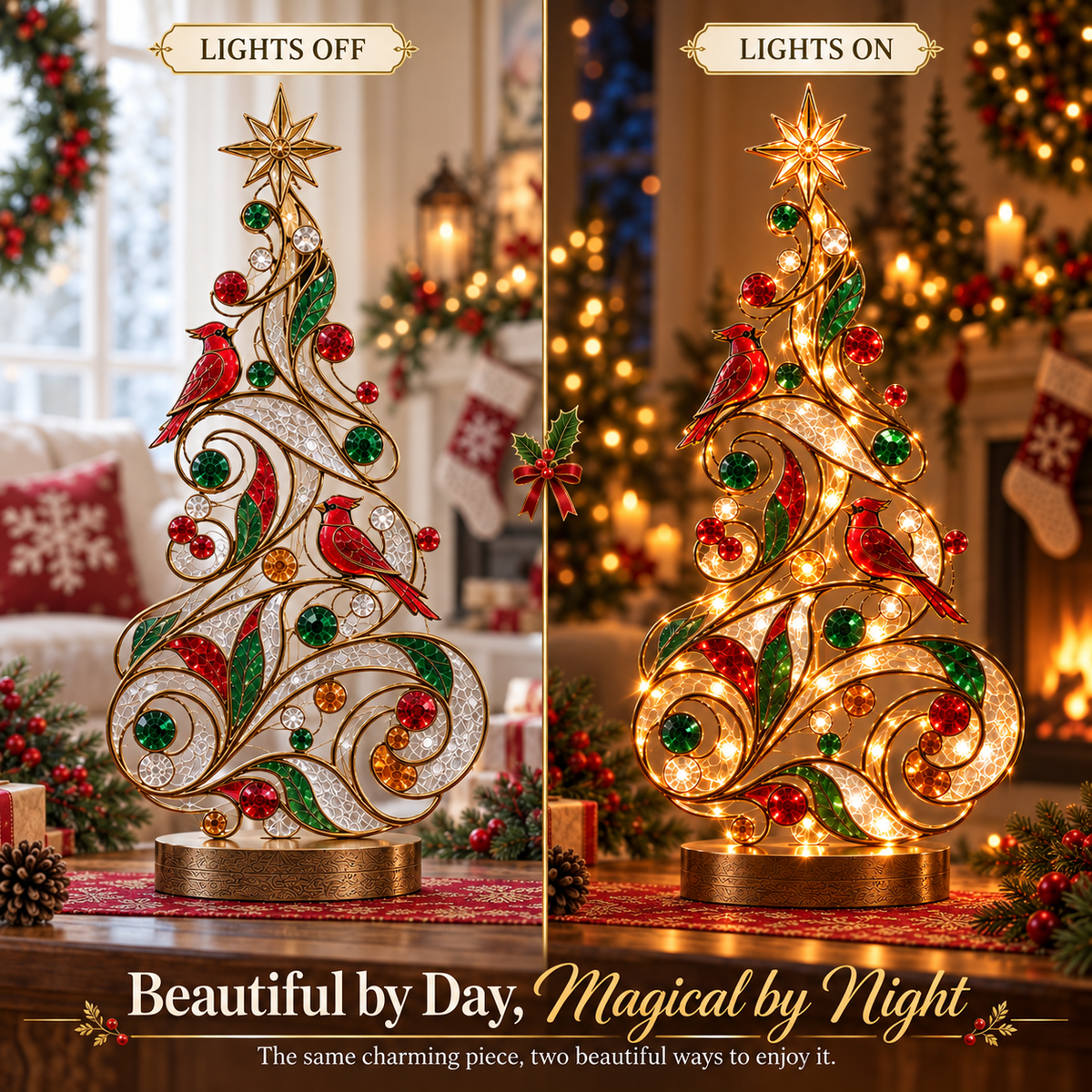 Lighted Stained Glass-Inspired Christmas Tree Tabletop Decor with Red Cardinal Birds