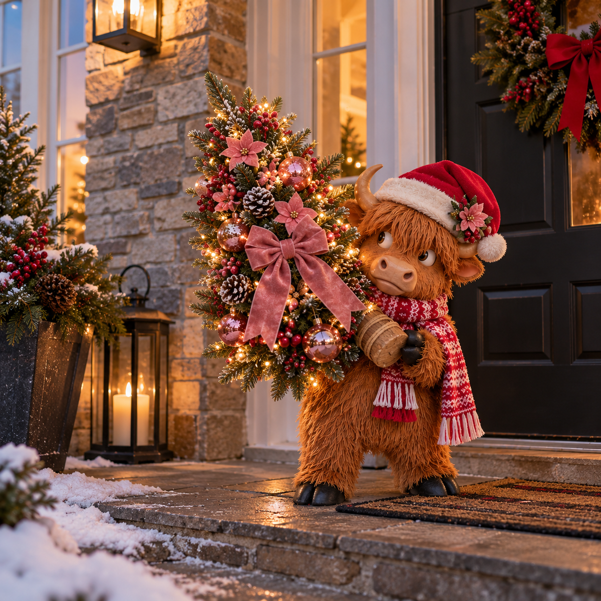 🎄🐮 Funny Lighted Highland Cow Carrying a Sparkling Pink Christmas Tree, Whimsical Holiday Porch Decor 🎀✨