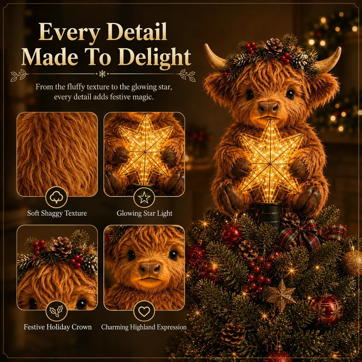 🎄✨Baby Highland Cow Glowing Star Tree Topper