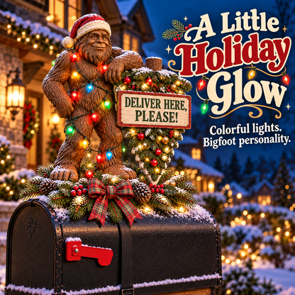 🎄👣 Bigfoot’s Special Delivery – Lighted Christmas Mailbox Topper with Festive Greenery 📫