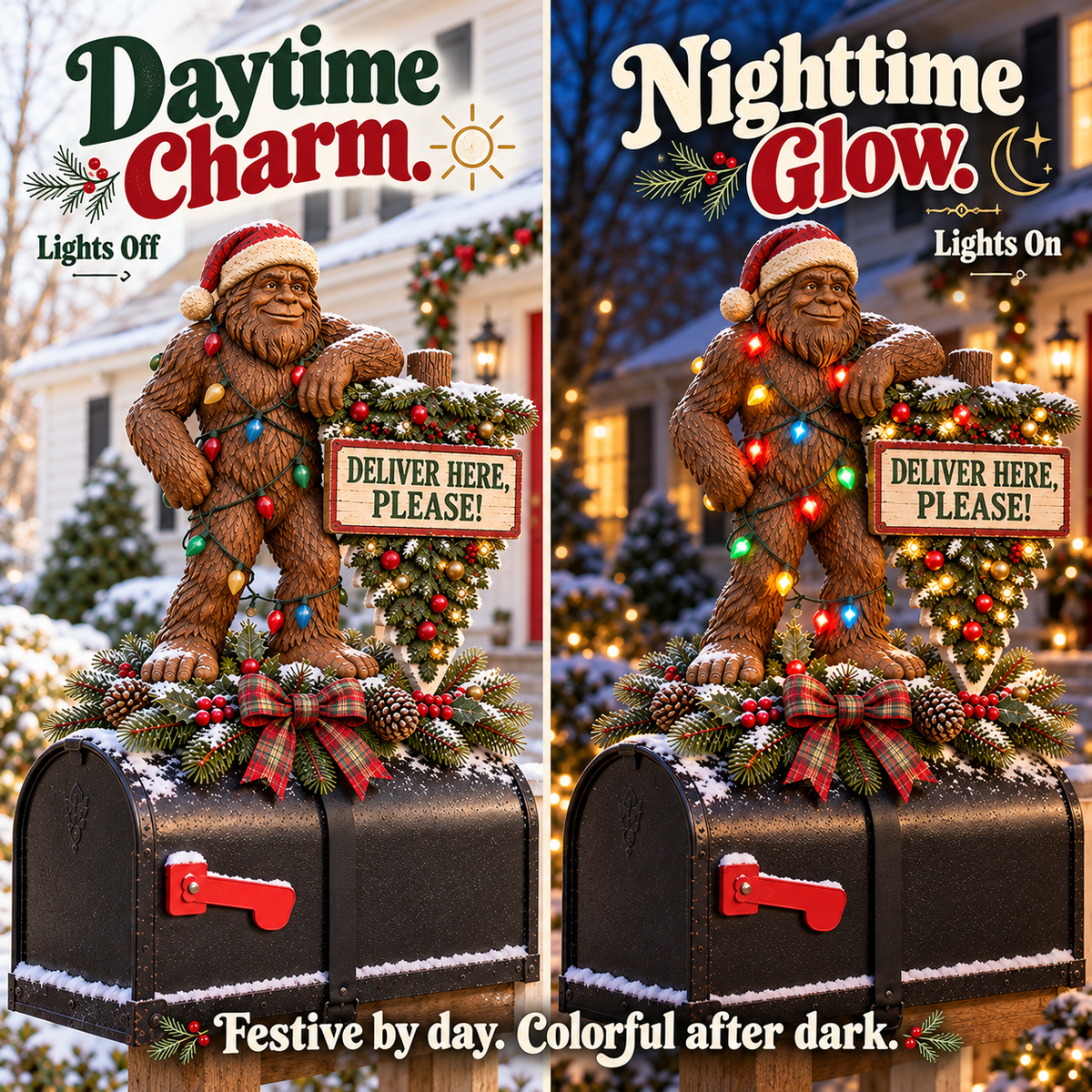 🎄👣 Bigfoot’s Special Delivery – Lighted Christmas Mailbox Topper with Festive Greenery 📫