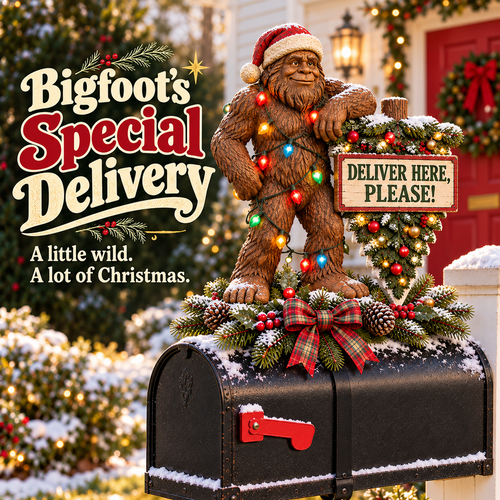 🎄👣 Bigfoot’s Special Delivery – Lighted Christmas Mailbox Topper with Festive Greenery 📫