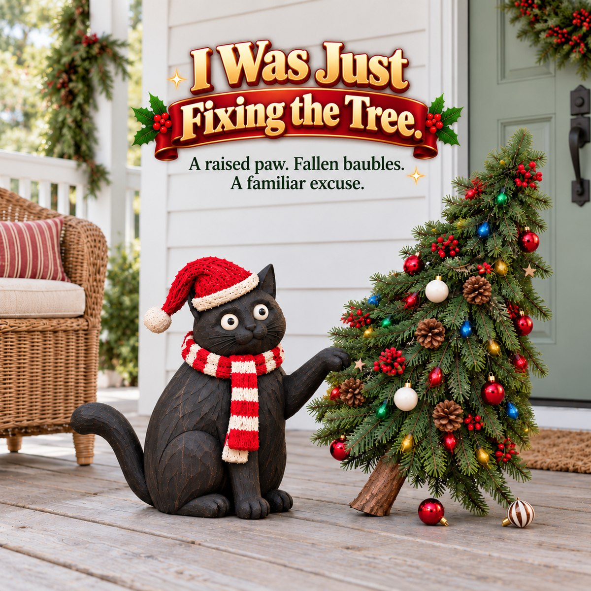 🎄🐈‍⬛ Dear Santa, It Wasn’t Me! – Mischievous Black Cat with Lighted Christmas Tree 🎅✨