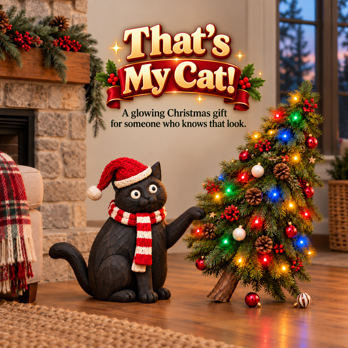 🎄🐈‍⬛ Dear Santa, It Wasn’t Me! – Mischievous Black Cat with Lighted Christmas Tree 🎅✨