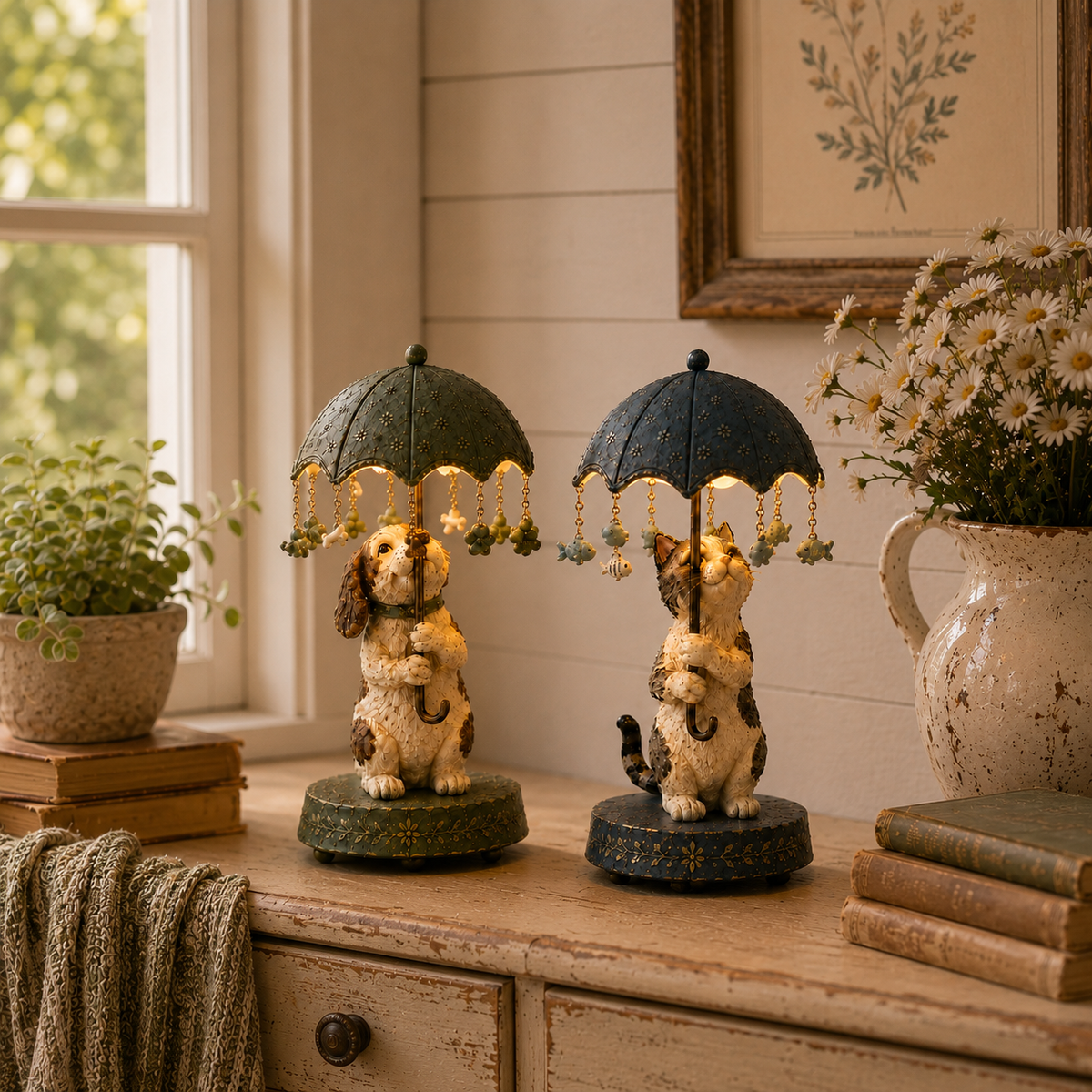 ☂️🐾 Vintage drehbare Schirm-Tierlampe