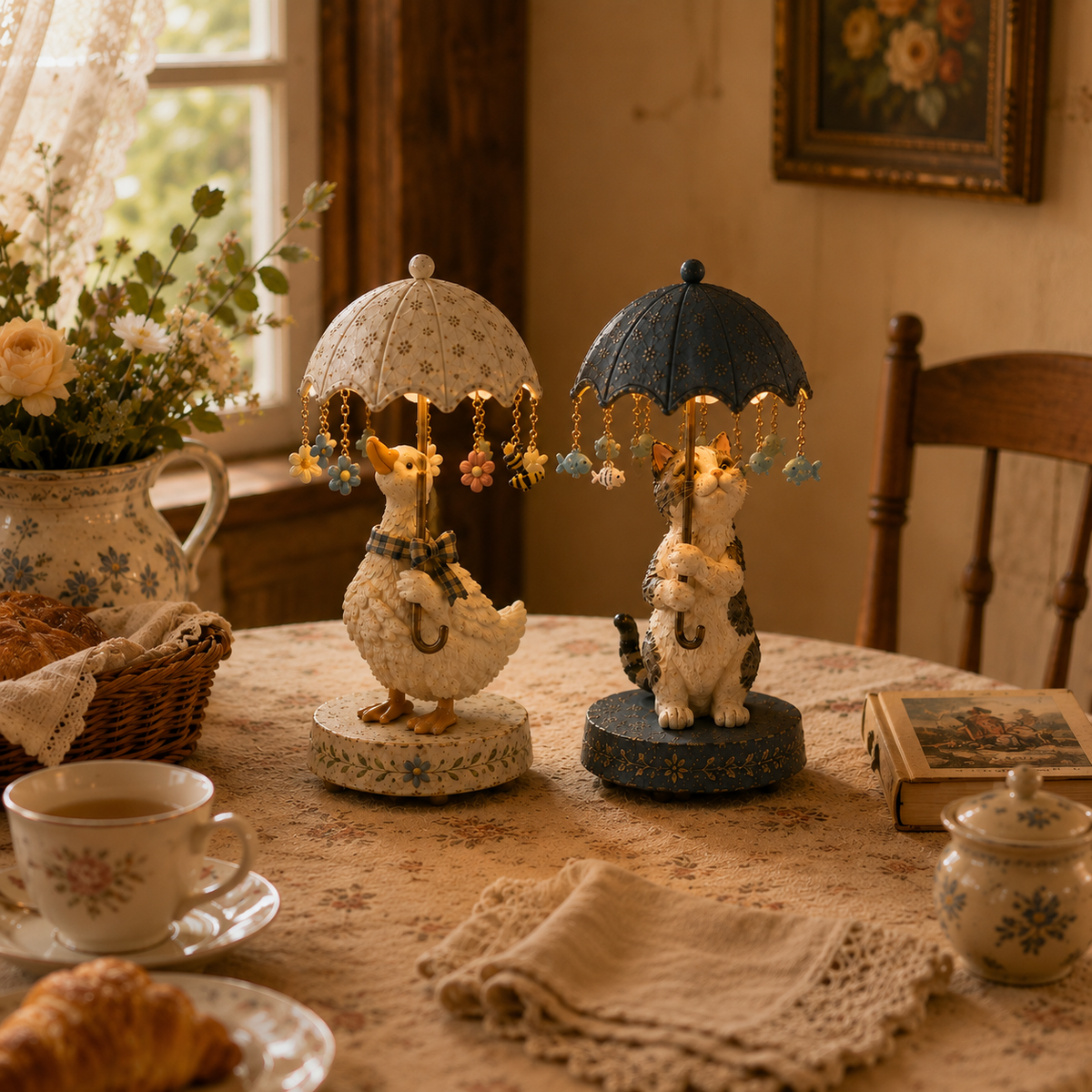 ☂️🐾 Vintage drehbare Schirm-Tierlampe