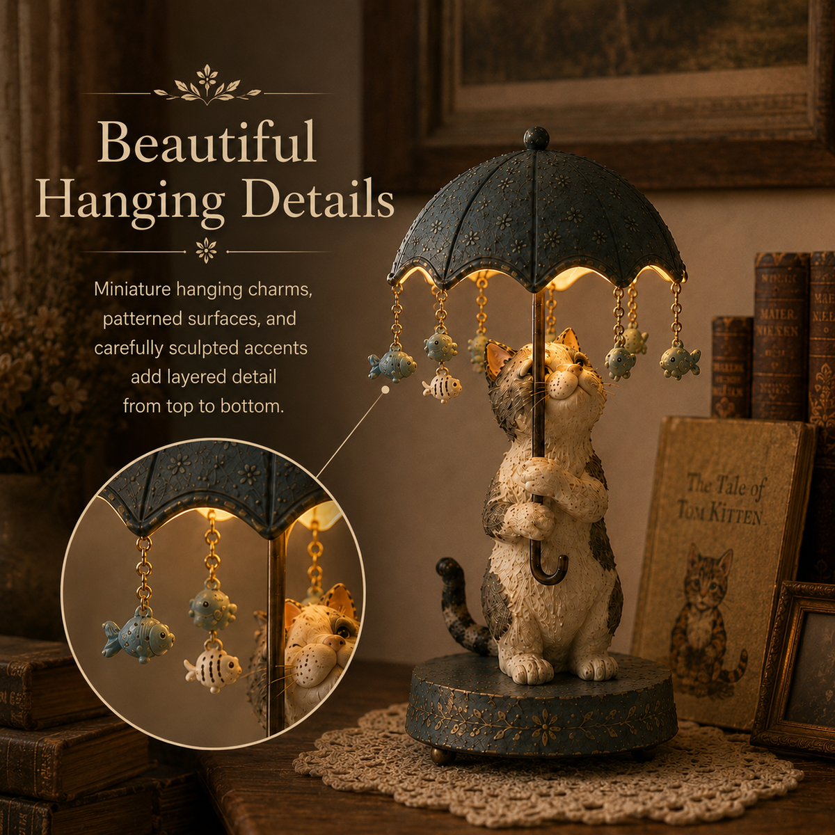 ☂️🐾 Vintage drehbare Schirm-Tierlampe