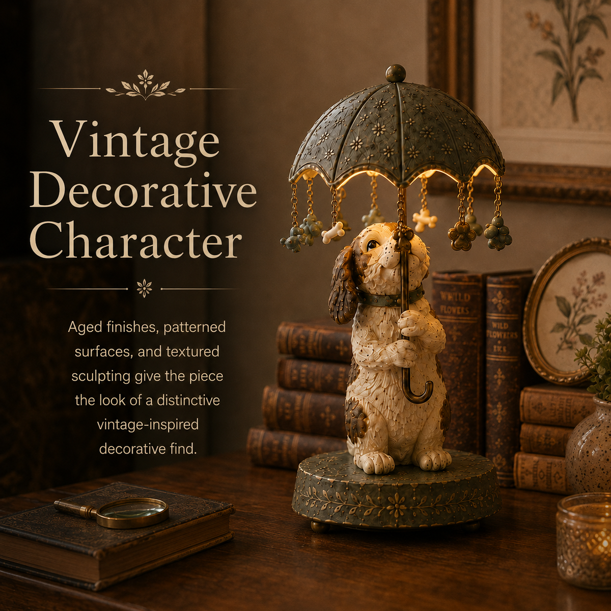 ☂️🐾 Vintage drehbare Schirm-Tierlampe
