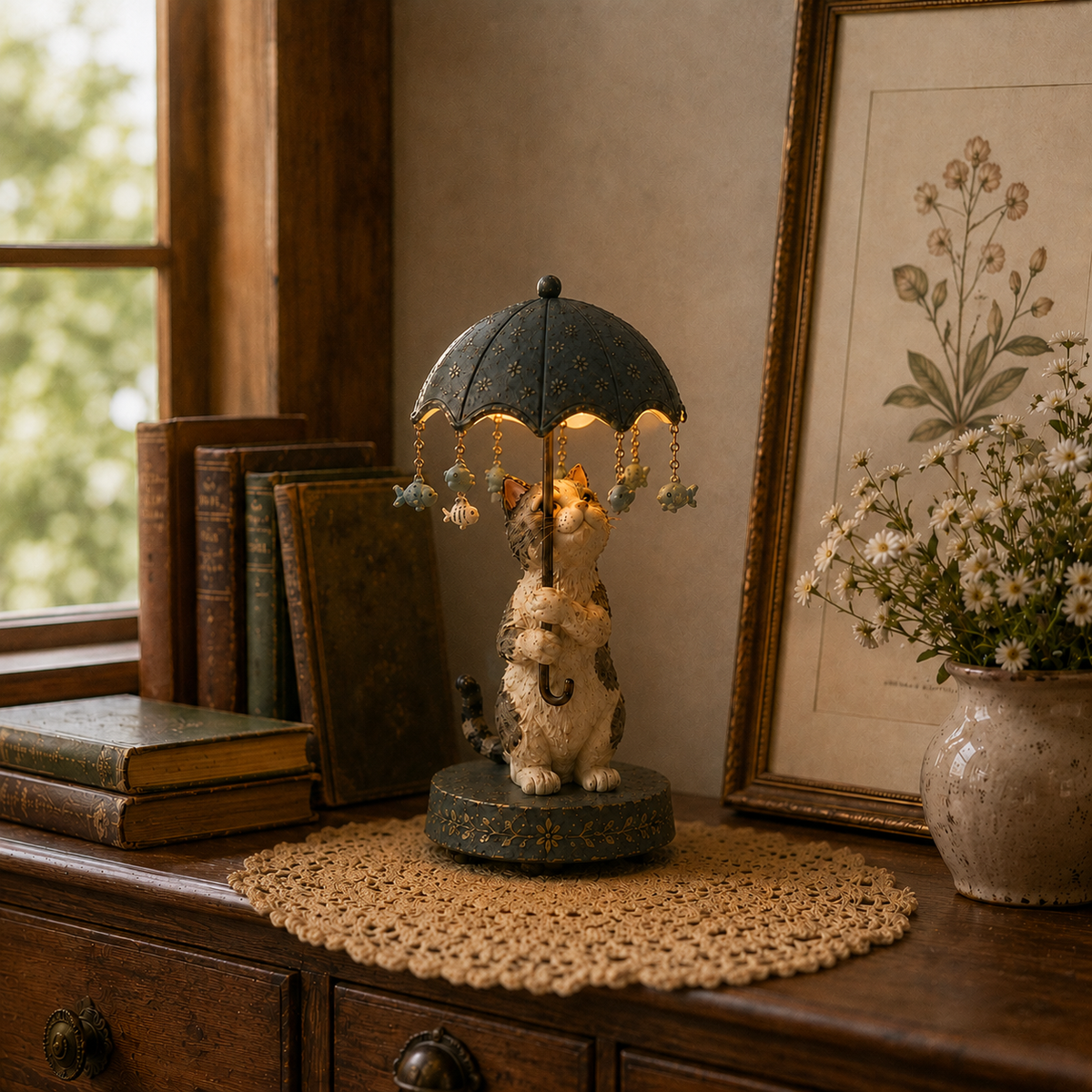 ☂️🐾 Vintage drehbare Schirm-Tierlampe
