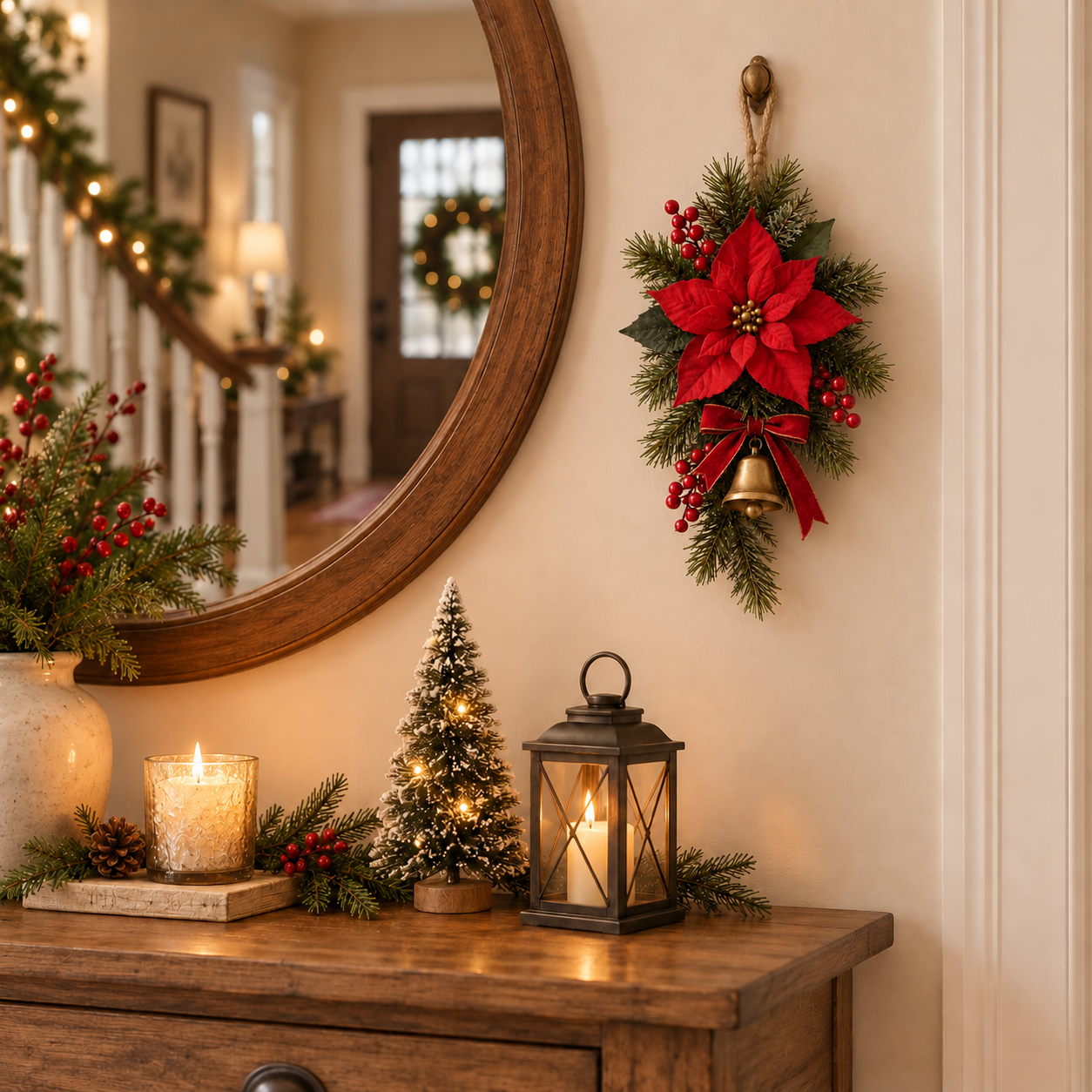 Poinsettia Christmas decoration in a warm entryway
