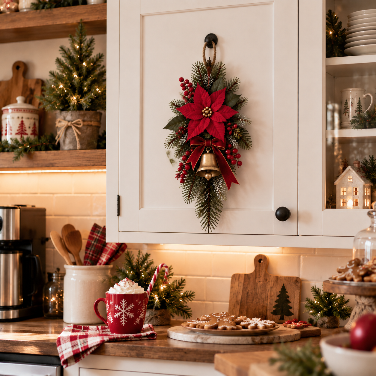 Poinsettia holiday accent displayed in a Christmas kitchen