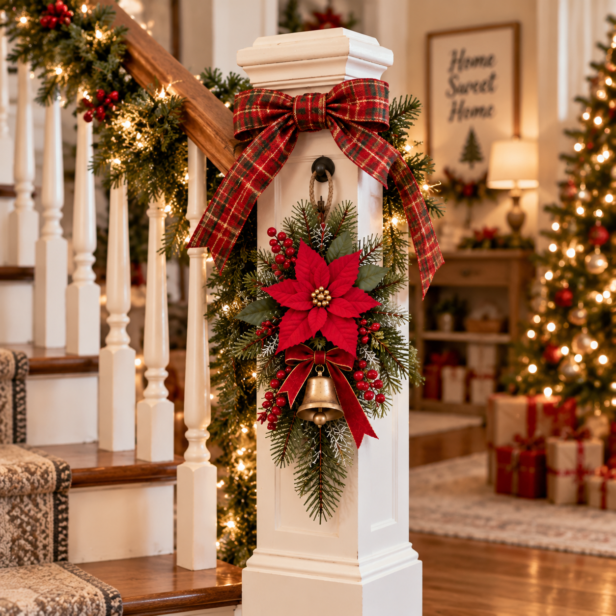 Poinsettia Christmas decoration on staircase post