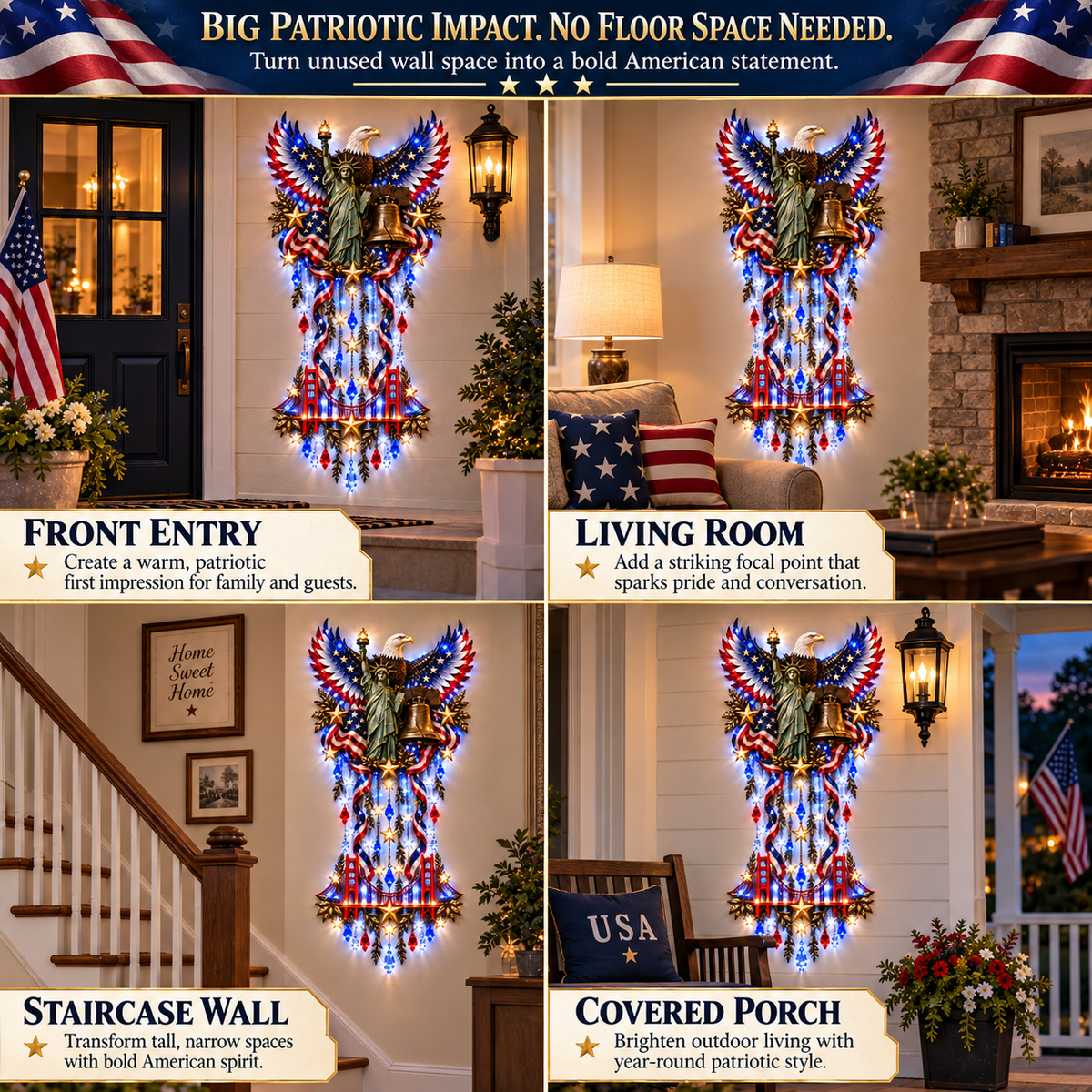 Couple admiring the illuminated American patriotic wall decoration together