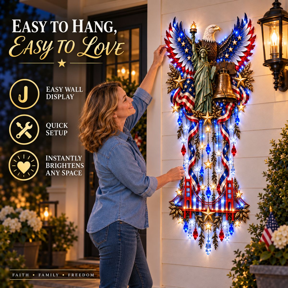 Patriotic wall decoration beside a cozy living room with a fireplace and flag-inspired accents