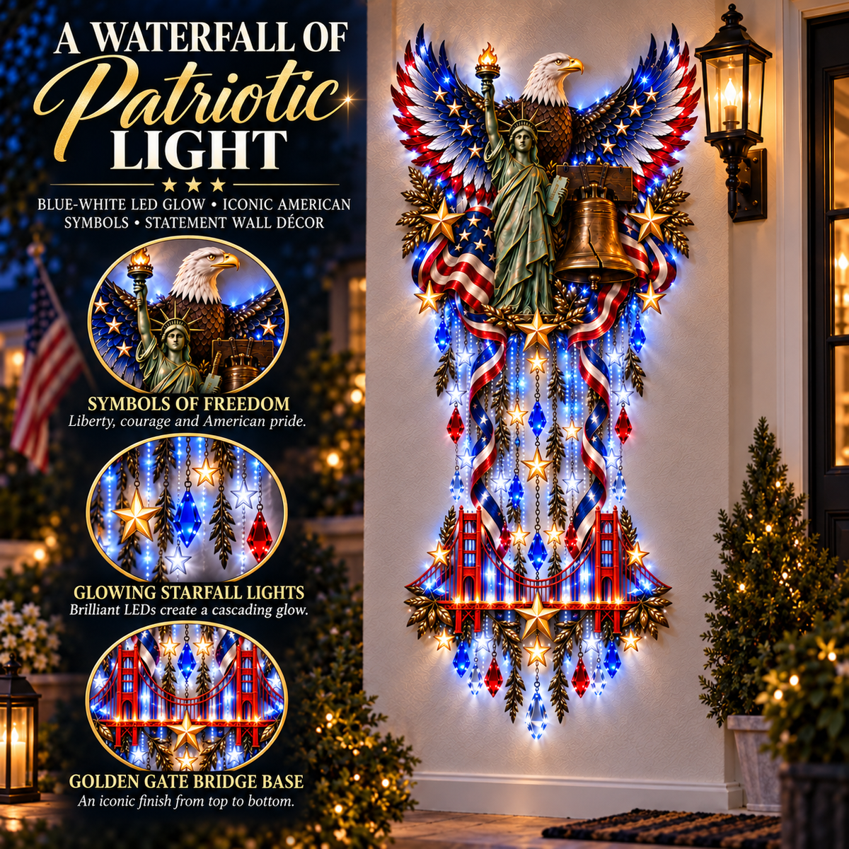 Close-up details of American symbols, hanging stars and the Golden Gate Bridge motif