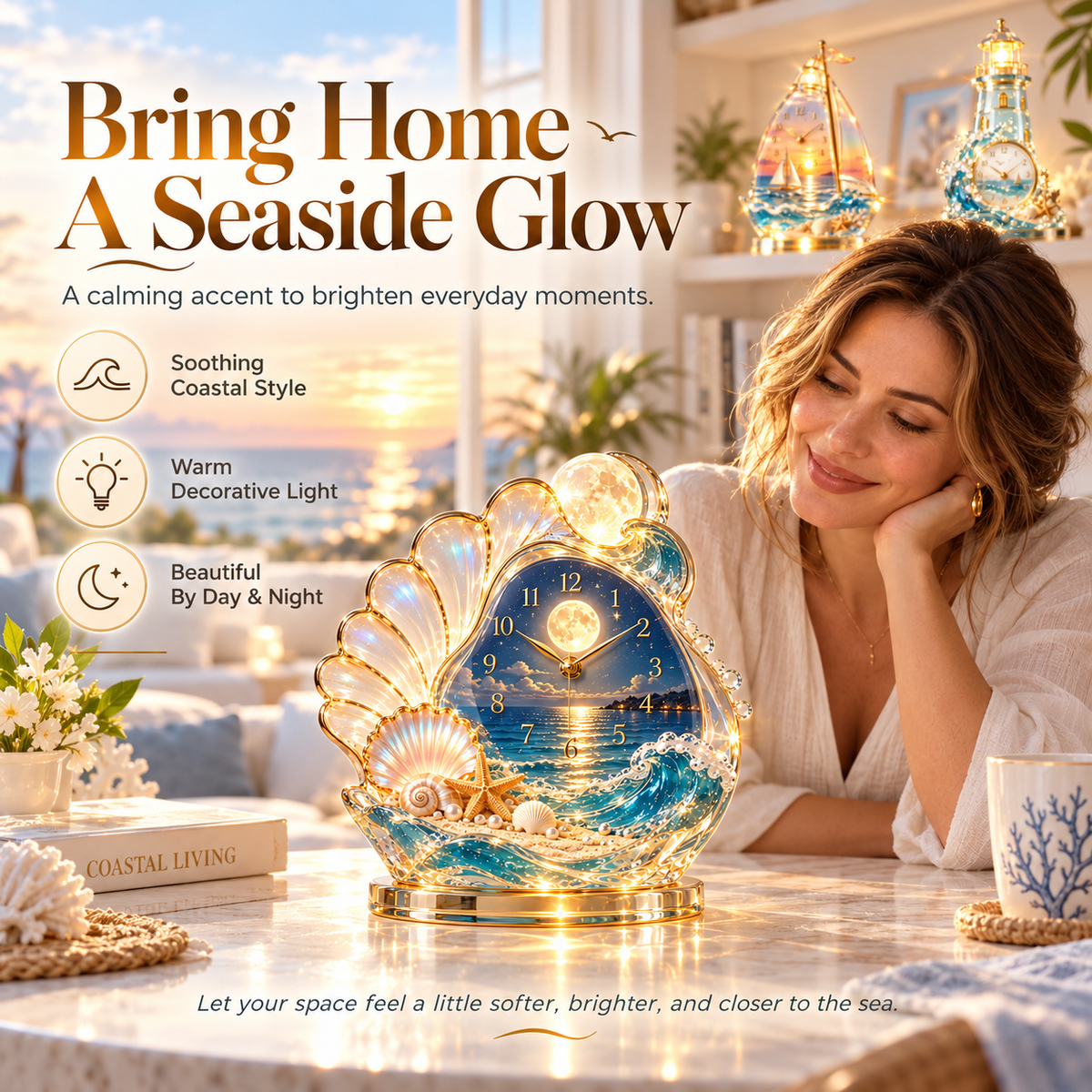 🌊 Coastal Glow Crystal Clock Collection | Sailboat, Shell & Lighthouse