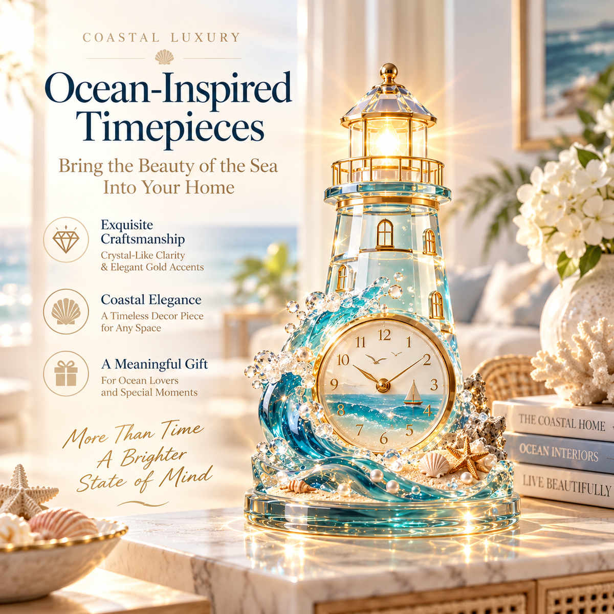 🌊 Coastal Glow Crystal Clock Collection | Sailboat, Shell & Lighthouse
