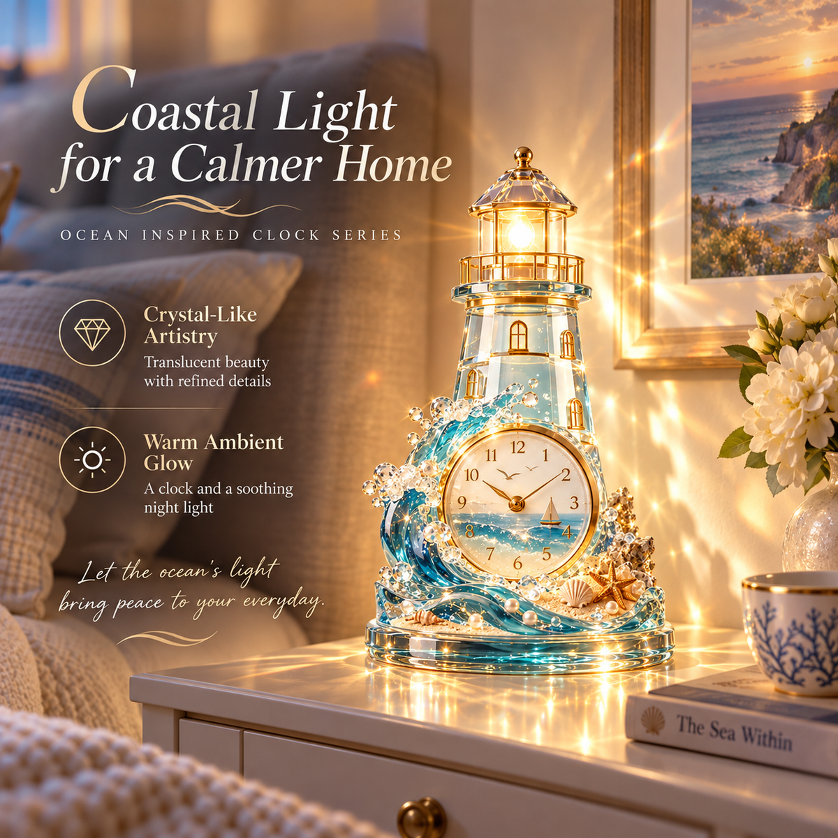 🌊 Coastal Glow Crystal Clock Collection | Sailboat, Shell & Lighthouse
