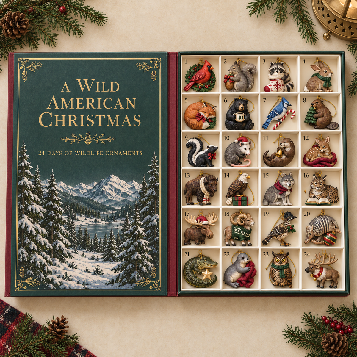 🌲🦍 Una Navidad salvaje americana – Calendario de Adviento de adornos de vida silvestre de 24 días
