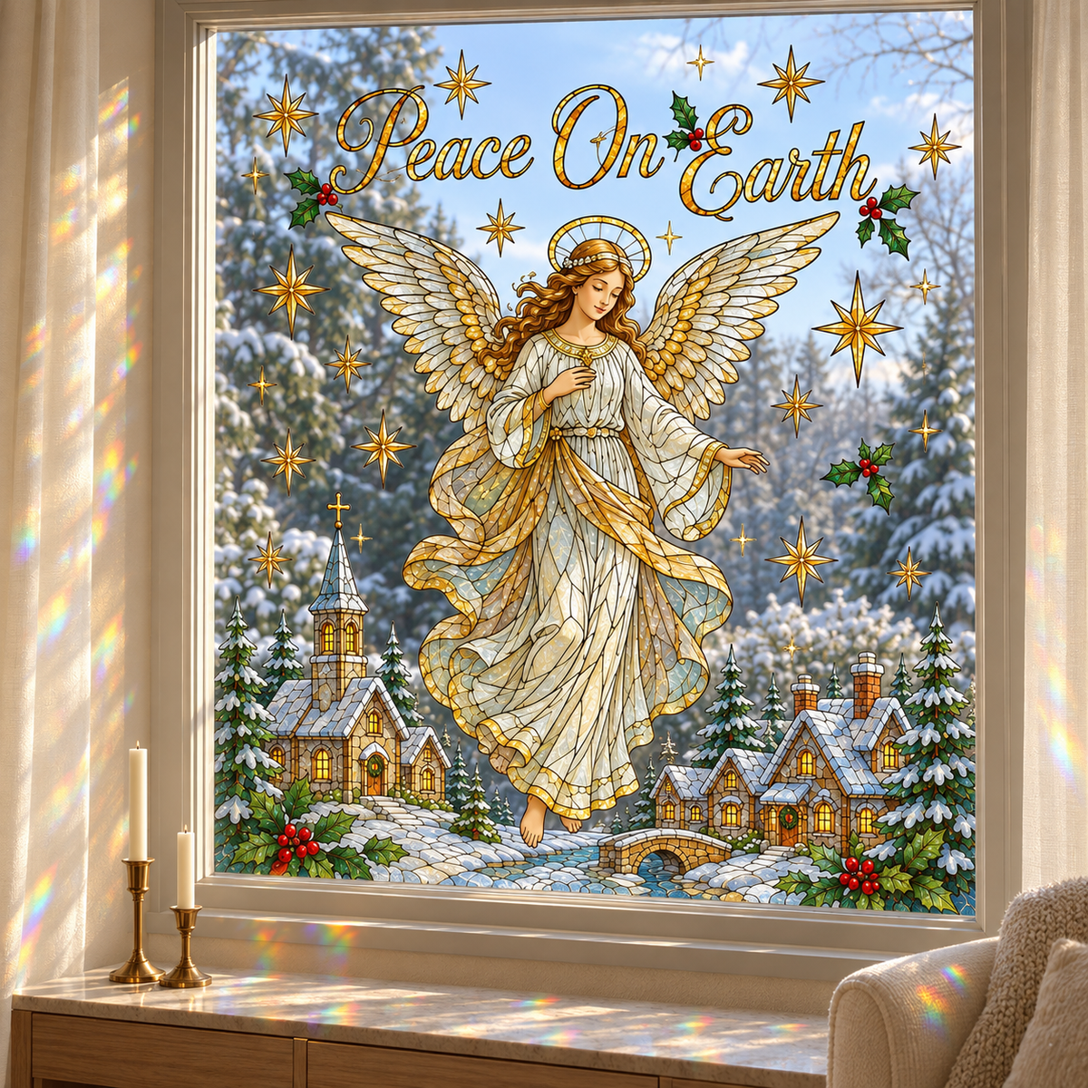 🔥LAST DAY 50% OFF - 🎄 Christmas Suncatcher Window Clings | 28 × 28 in Stained Glass Style✨