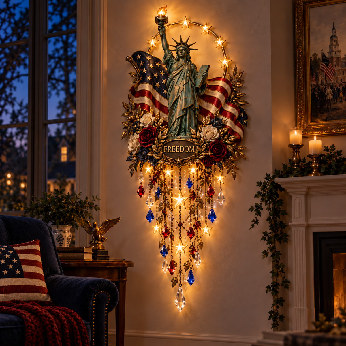 Statue of Liberty cascade wall light with a glowing torch
