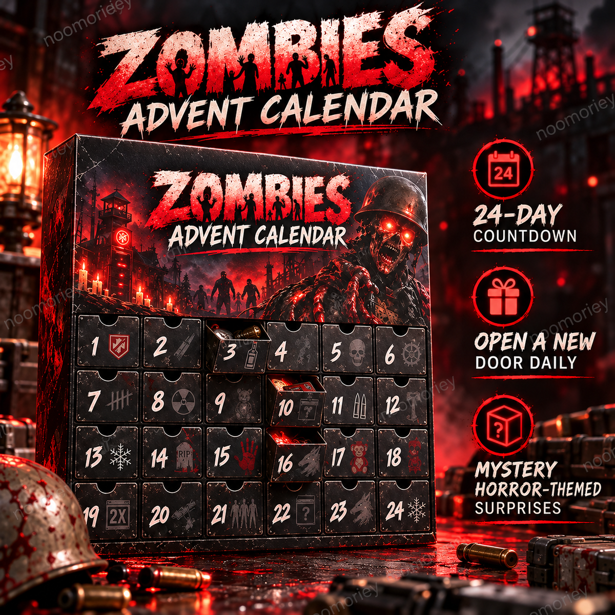 Numbered zombie calendar drawer opened to reveal a collectible