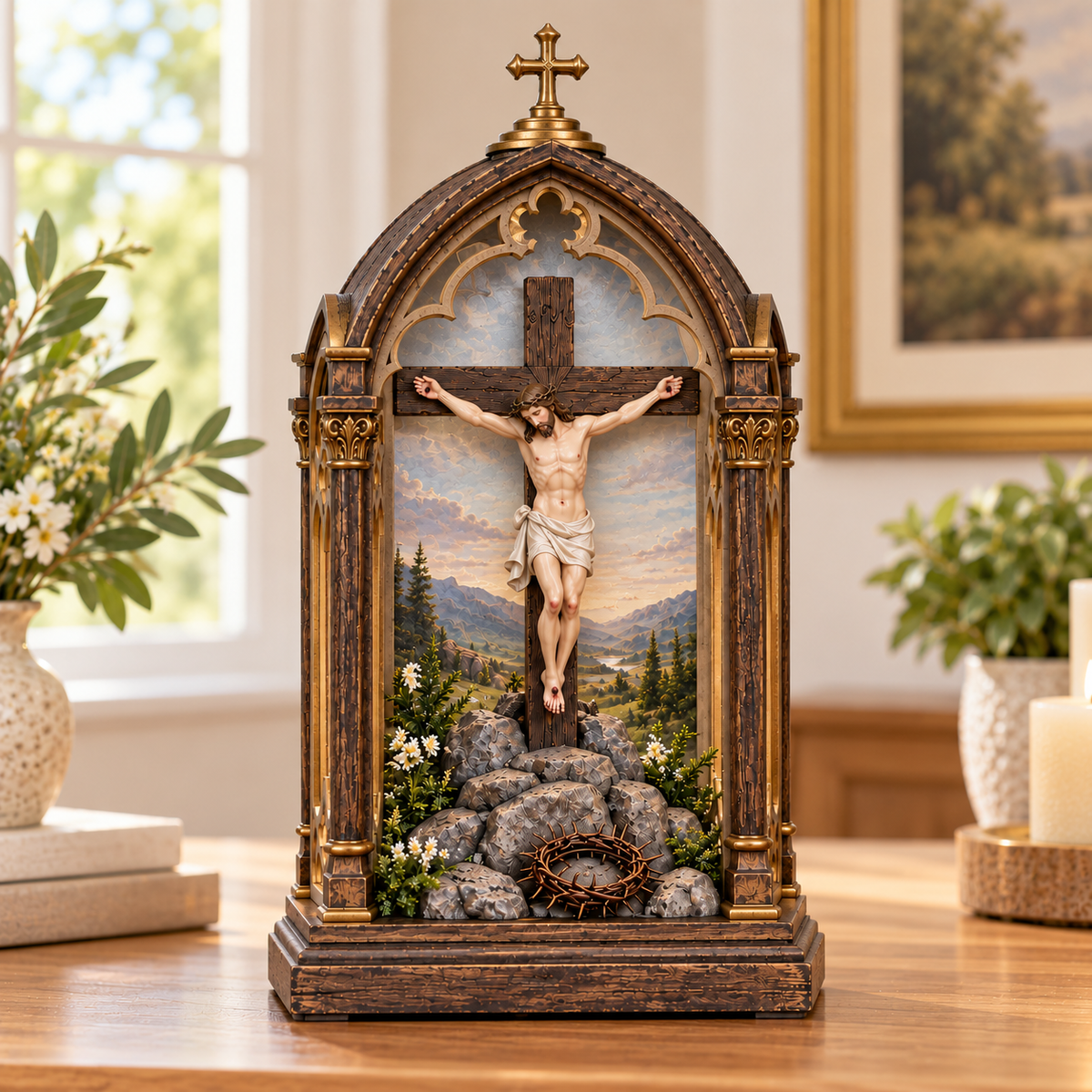 ✝️ Light of Calvary Illuminated Devotional Shrine – Jesus Crucifix Tabletop Prayer Decor