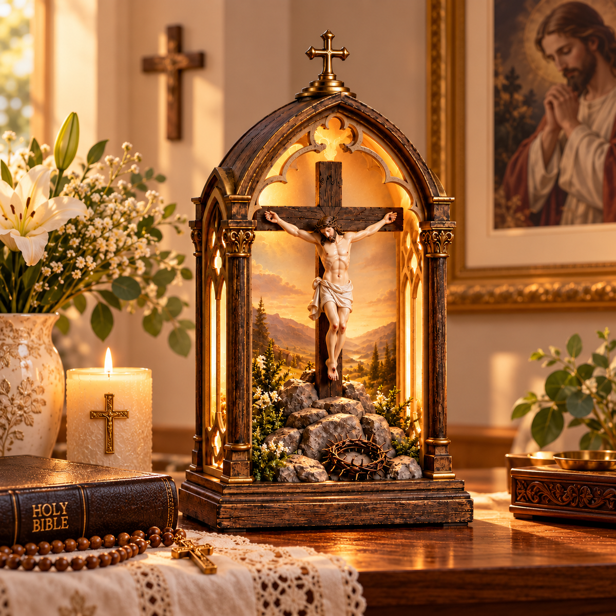 ✝️ Light of Calvary Illuminated Devotional Shrine – Jesus Crucifix Tabletop Prayer Decor