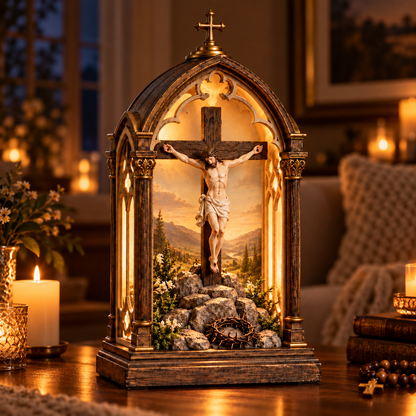 ✝️ Light of Calvary Illuminated Devotional Shrine – Jesus Crucifix Tabletop Prayer Decor