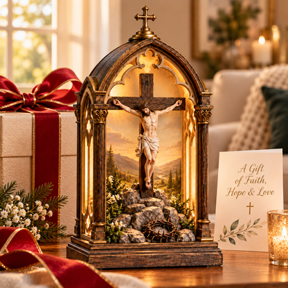 ✝️ Light of Calvary Illuminated Devotional Shrine – Jesus Crucifix Tabletop Prayer Decor