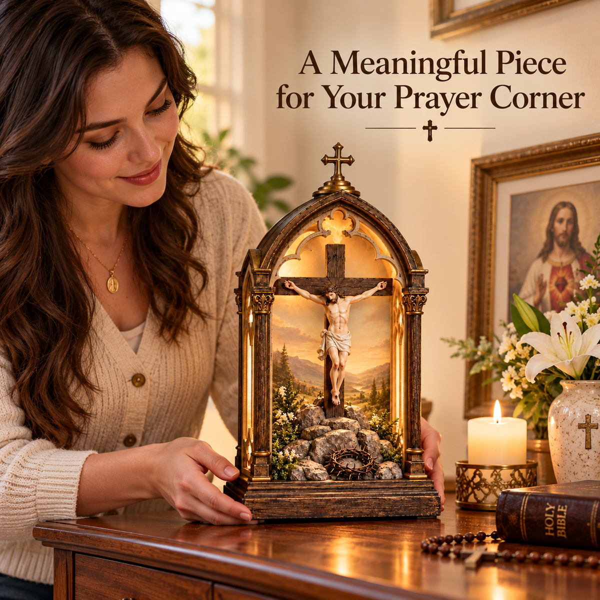 ✝️ Light of Calvary Illuminated Devotional Shrine – Jesus Crucifix Tabletop Prayer Decor