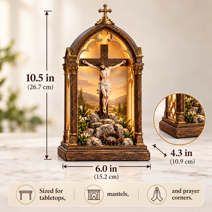 ✝️ Light of Calvary Illuminated Devotional Shrine – Jesus Crucifix Tabletop Prayer Decor