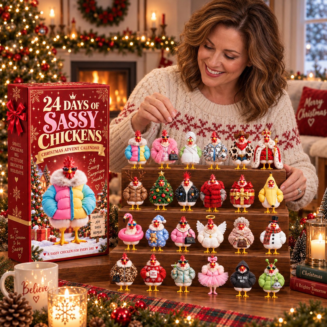 Woman arranging colorful chicken collectibles in a Christmas living room