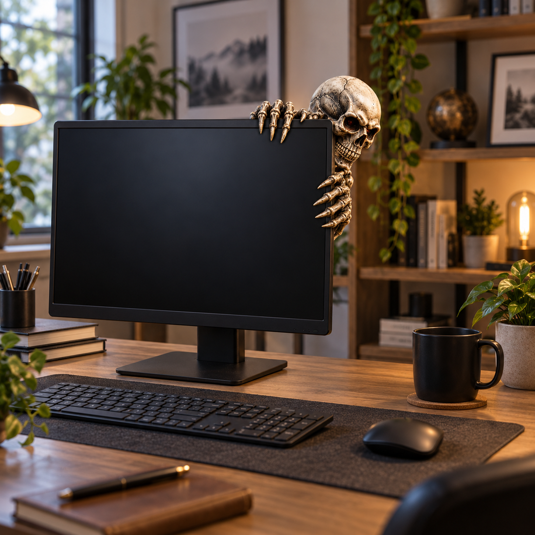 Screen Creepers skeleton monitor decoration in a home office desk setup