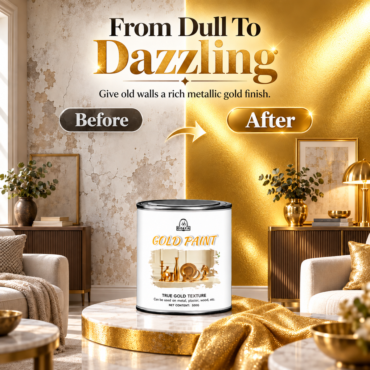 ✨Metallic Gold Finish Paint – Rich Shimmer for Furniture, Décor & DIY Projects