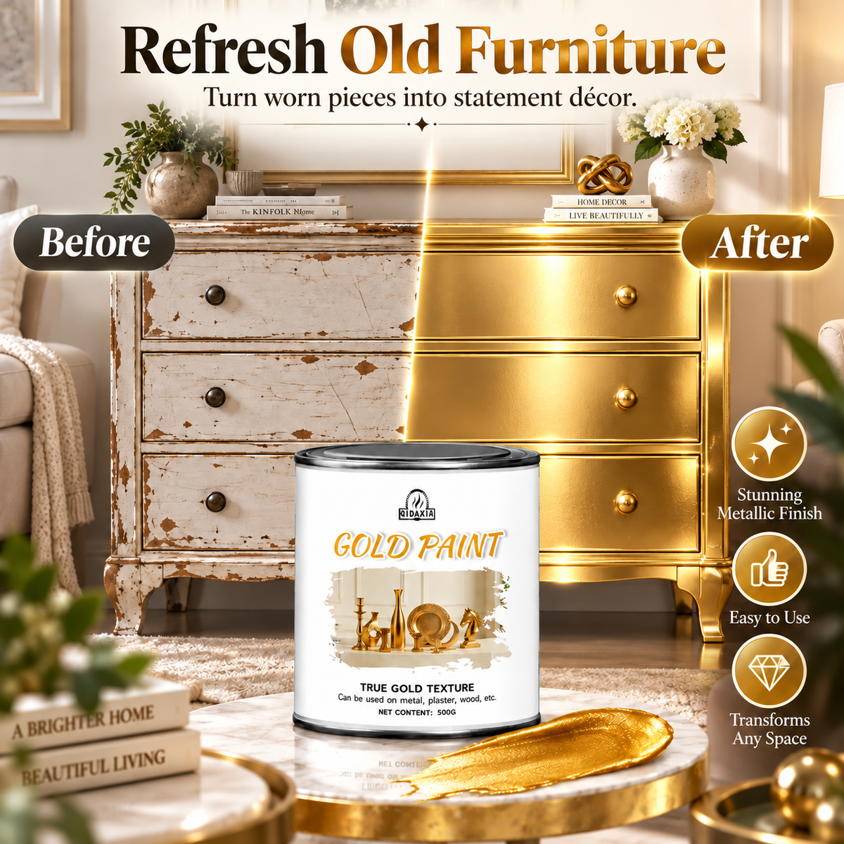 ✨Metallic Gold Finish Paint – Rich Shimmer for Furniture, Décor & DIY Projects