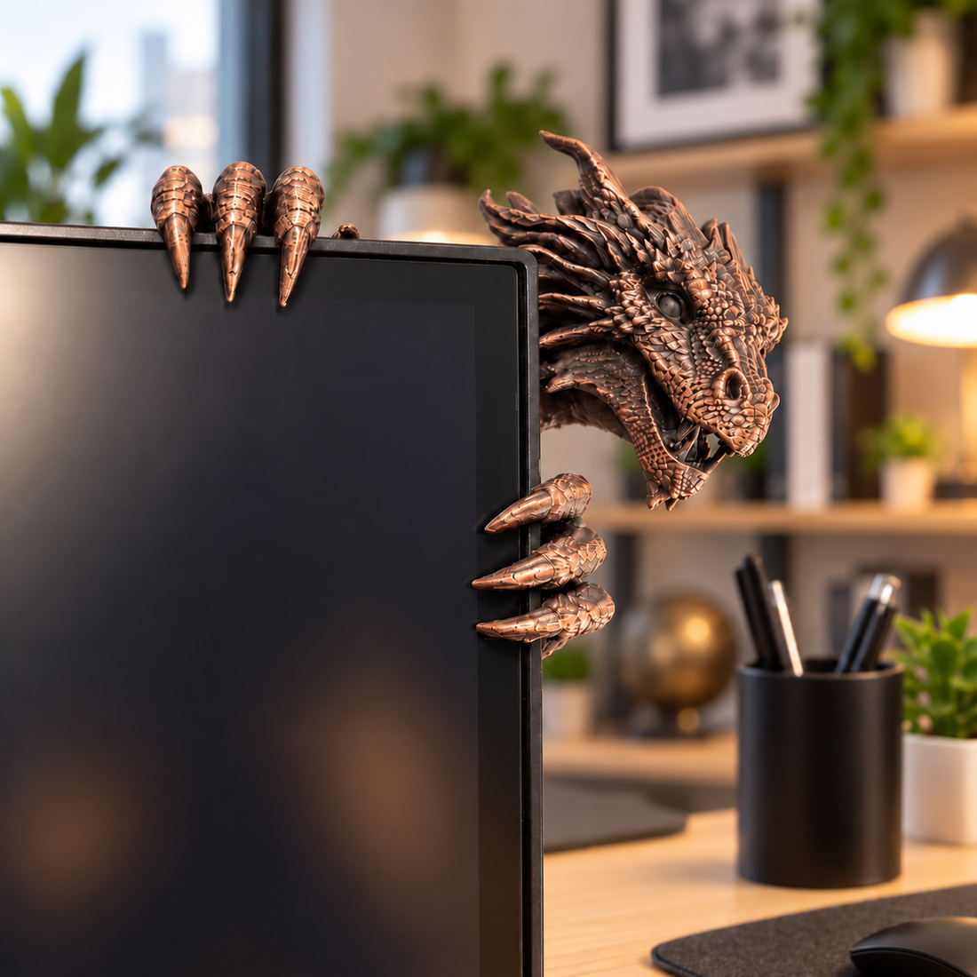 Copper Dragon gripping the computer monitor corner