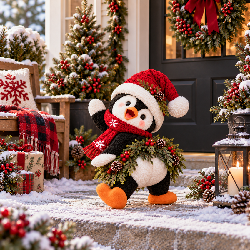 Playful leaning Christmas penguin wearing a red Santa hat and scarf