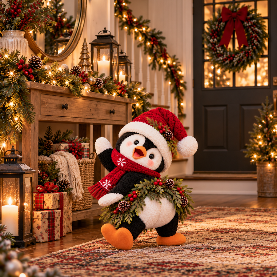 Christmas penguin decorating a cozy room beside a festive fireplace