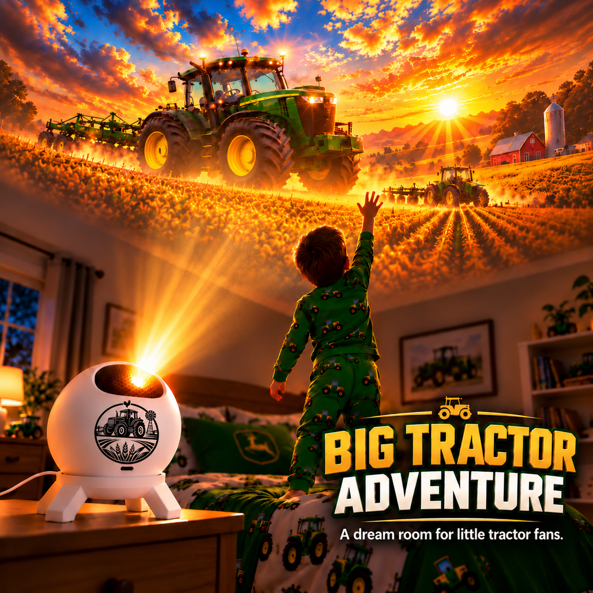 Tractor and farm scene projected across a child's bedroom