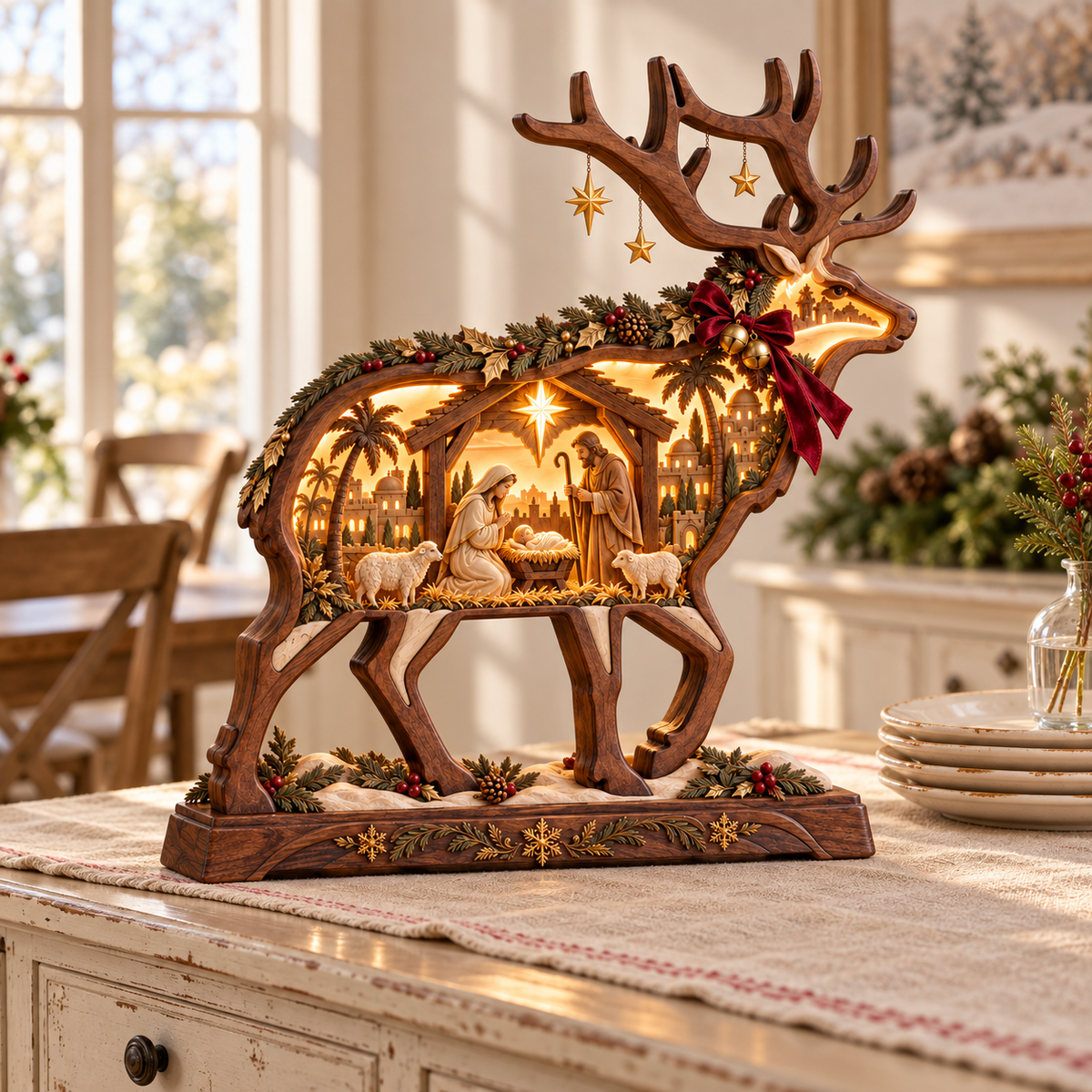 Bethlehem Glow™ Lighted Wooden Reindeer Nativity – Christmas Tabletop Decor