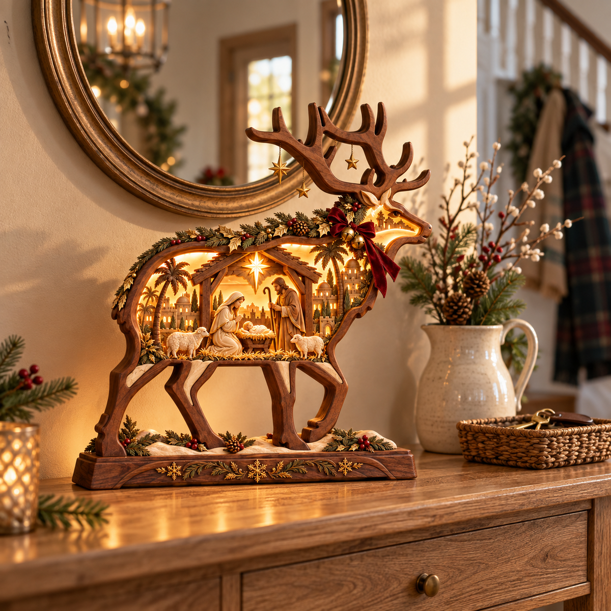 Bethlehem Glow™ Lighted Wooden Reindeer Nativity – Christmas Tabletop Decor