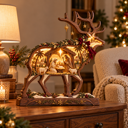 Bethlehem Glow™ Lighted Wooden Reindeer Nativity – Christmas Tabletop Decor
