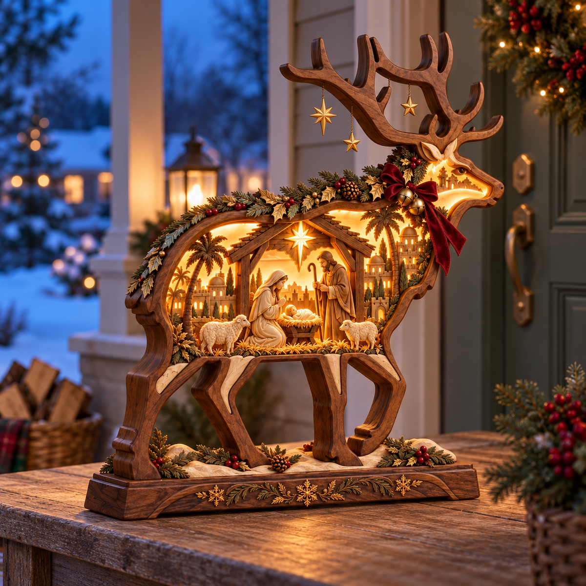 Bethlehem Glow™ Lighted Wooden Reindeer Nativity – Christmas Tabletop Decor