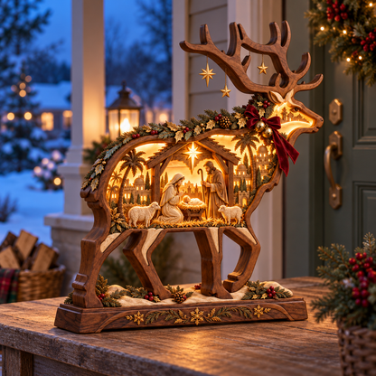 Bethlehem Glow™ Lighted Wooden Reindeer Nativity – Christmas Tabletop Decor
