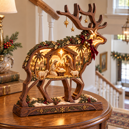 Bethlehem Glow™ Lighted Wooden Reindeer Nativity – Christmas Tabletop Decor