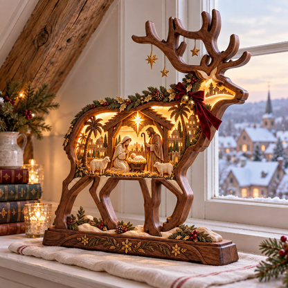 Bethlehem Glow™ Lighted Wooden Reindeer Nativity – Christmas Tabletop Decor