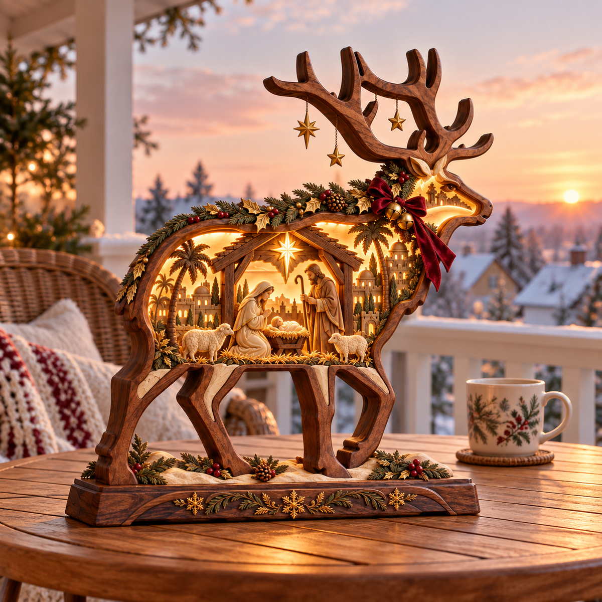 Bethlehem Glow™ Lighted Wooden Reindeer Nativity – Christmas Tabletop Decor