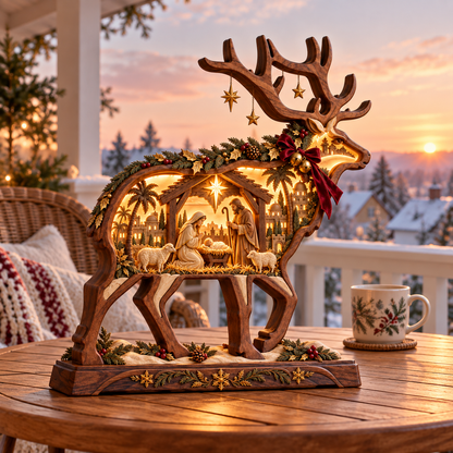 Bethlehem Glow™ Lighted Wooden Reindeer Nativity – Christmas Tabletop Decor